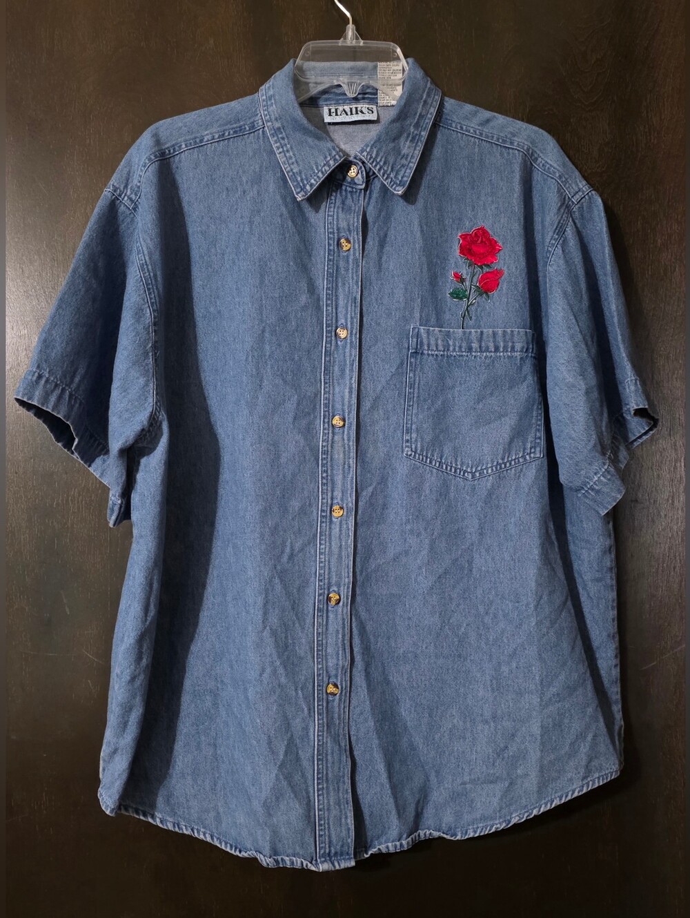 Vintage Haik's Blue Denim Short-Sleeve Button-Down Shirt Red Rose Embroidery 2X